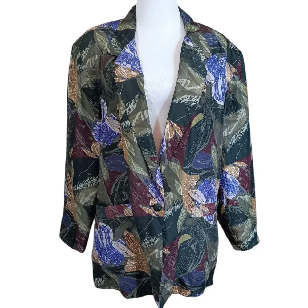 VINTAGE 80s‎ 90s Floral Silk Jacket Blazer M Artsy Tropical Career Office Work
